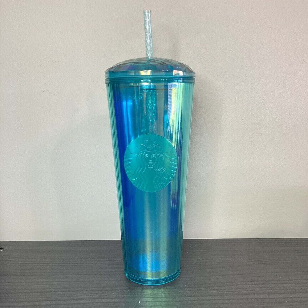 Starbucks 2021 Summer Turquoise Teal Blue Iridescent Kaleidoscope Cold Cup 24oz